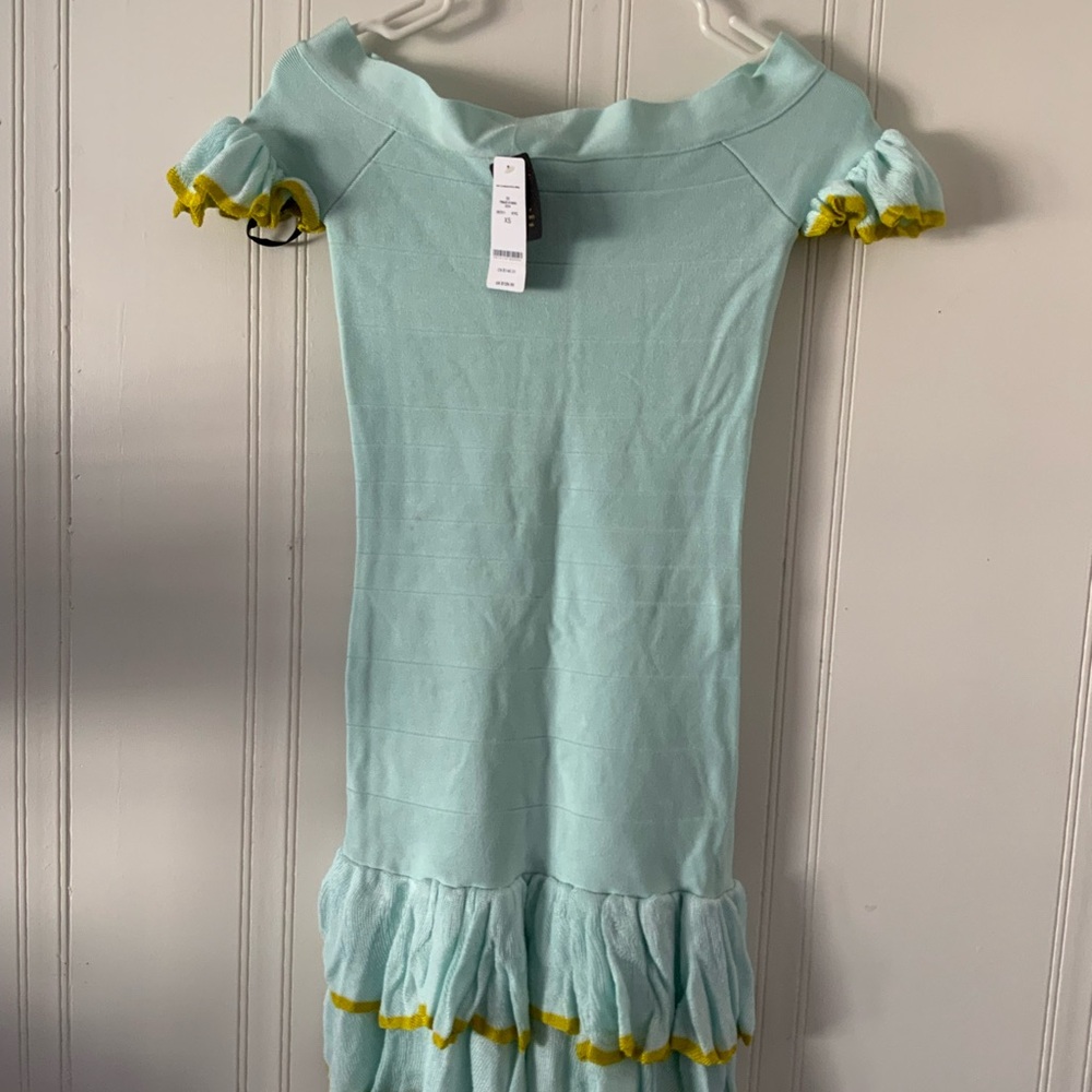 NWT bebe Strapless Dress in Light Blue and Yellow